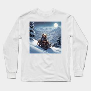 Teddy on a sledge riding down a hill in the snow Long Sleeve T-Shirt